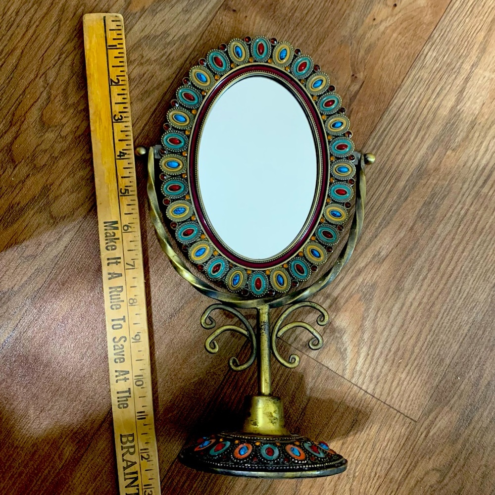 Brass Jeweled Swivel Mirror, Brass Antique Mirror, Vanity Standing Mirror